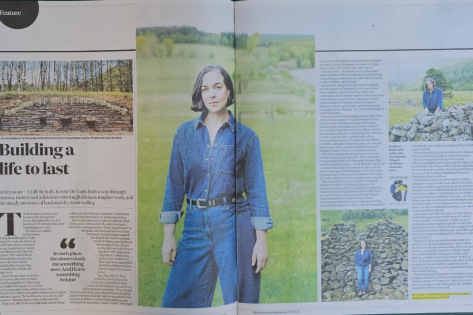 A photo of the double page feature in The Scotsman Magazine, covering Kristie de Garis' book, titled "Building a life to last".