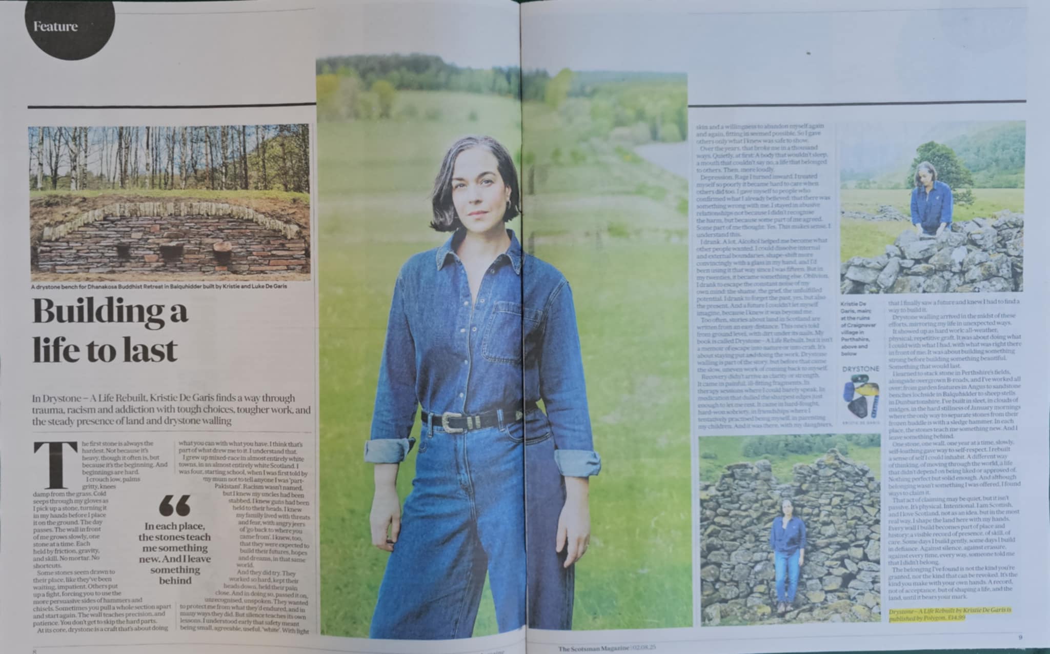 A photo of the double page feature in The Scotsman Magazine, covering Kristie de Garis' book, titled "Building a life to last".