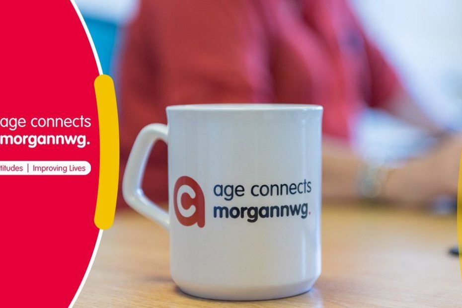 A photo of a mug with the Age Connects Morgannwg logo, set into a visual with the logo and tagline ("changing attitudes, improving lives").