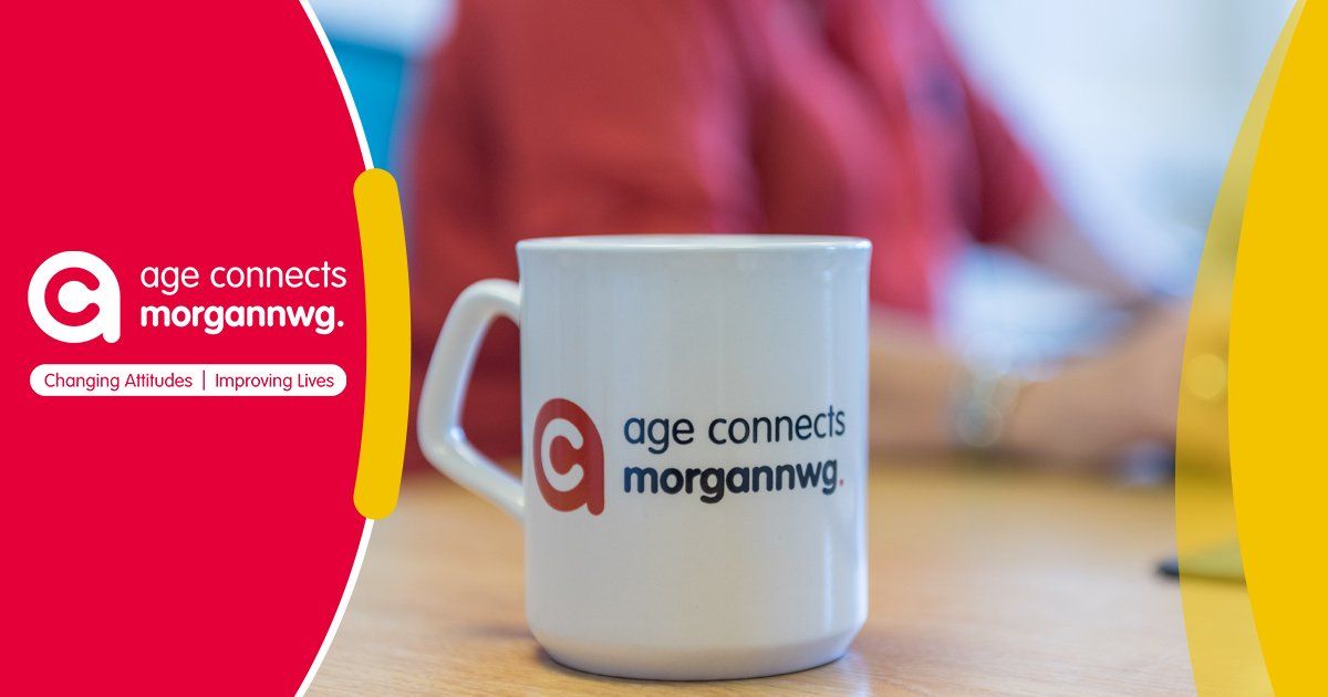 A photo of a mug with the Age Connects Morgannwg logo, set into a visual with the logo and tagline ("changing attitudes, improving lives").