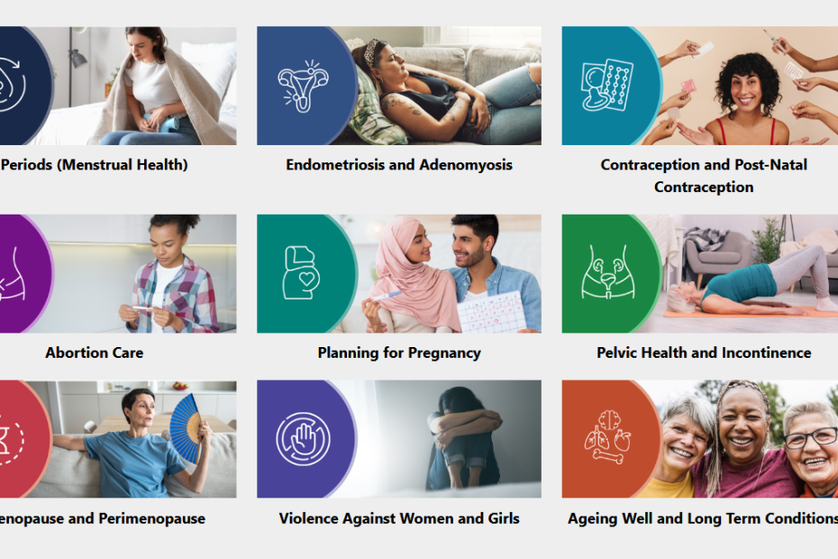 Screenshot from the Women's Health Website for Wales homepage, showing the 9 areas of women's health that it covers.