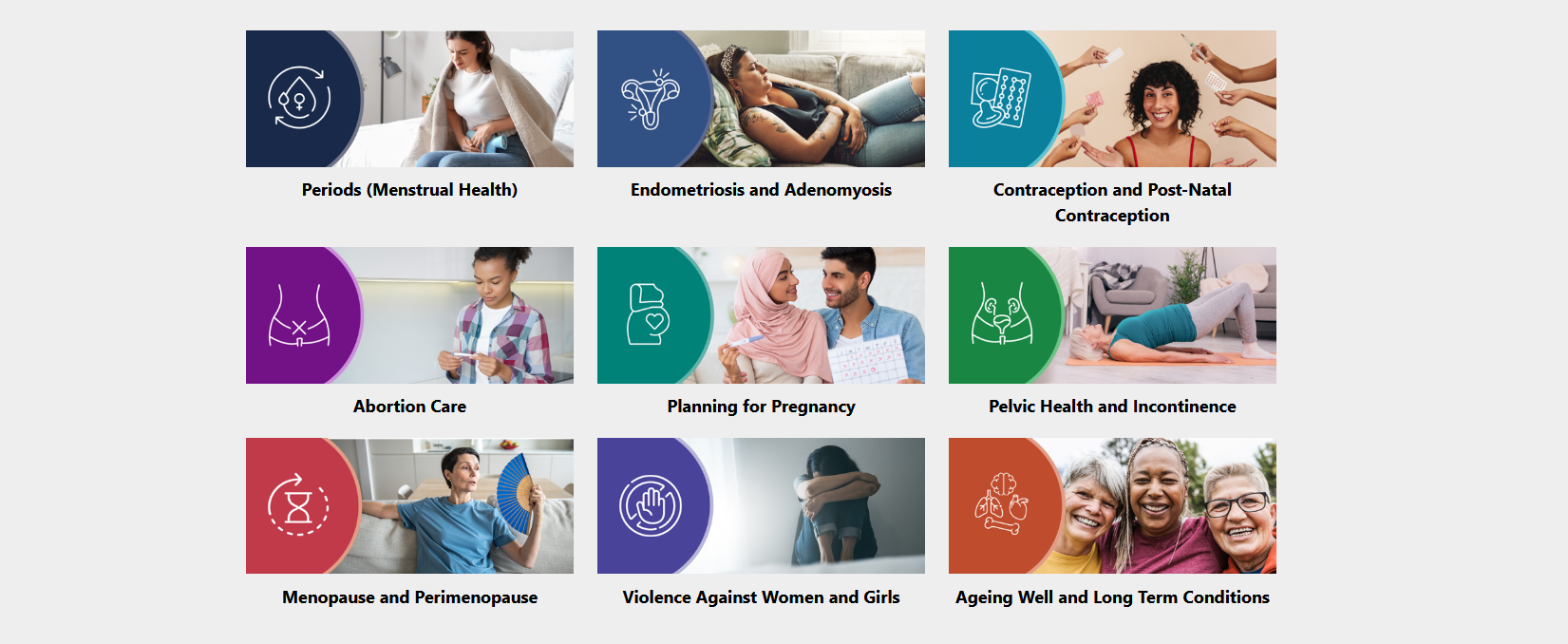 Screenshot from the Women's Health Website for Wales homepage, showing the 9 areas of women's health that it covers.