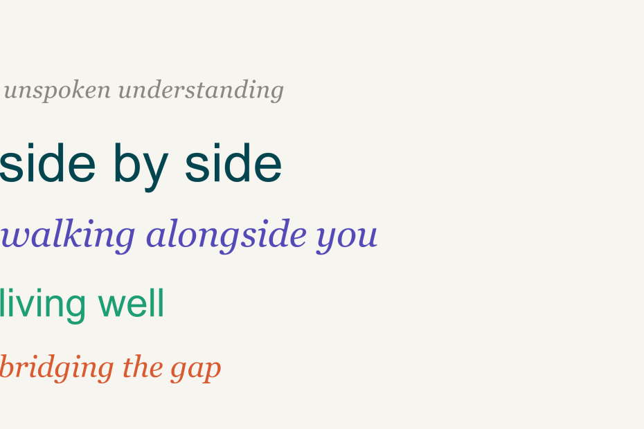 Screenshot of the draft taglines suggestions: "unspoken understanding, side by side, walking alongside you, living well, bridging the gap"