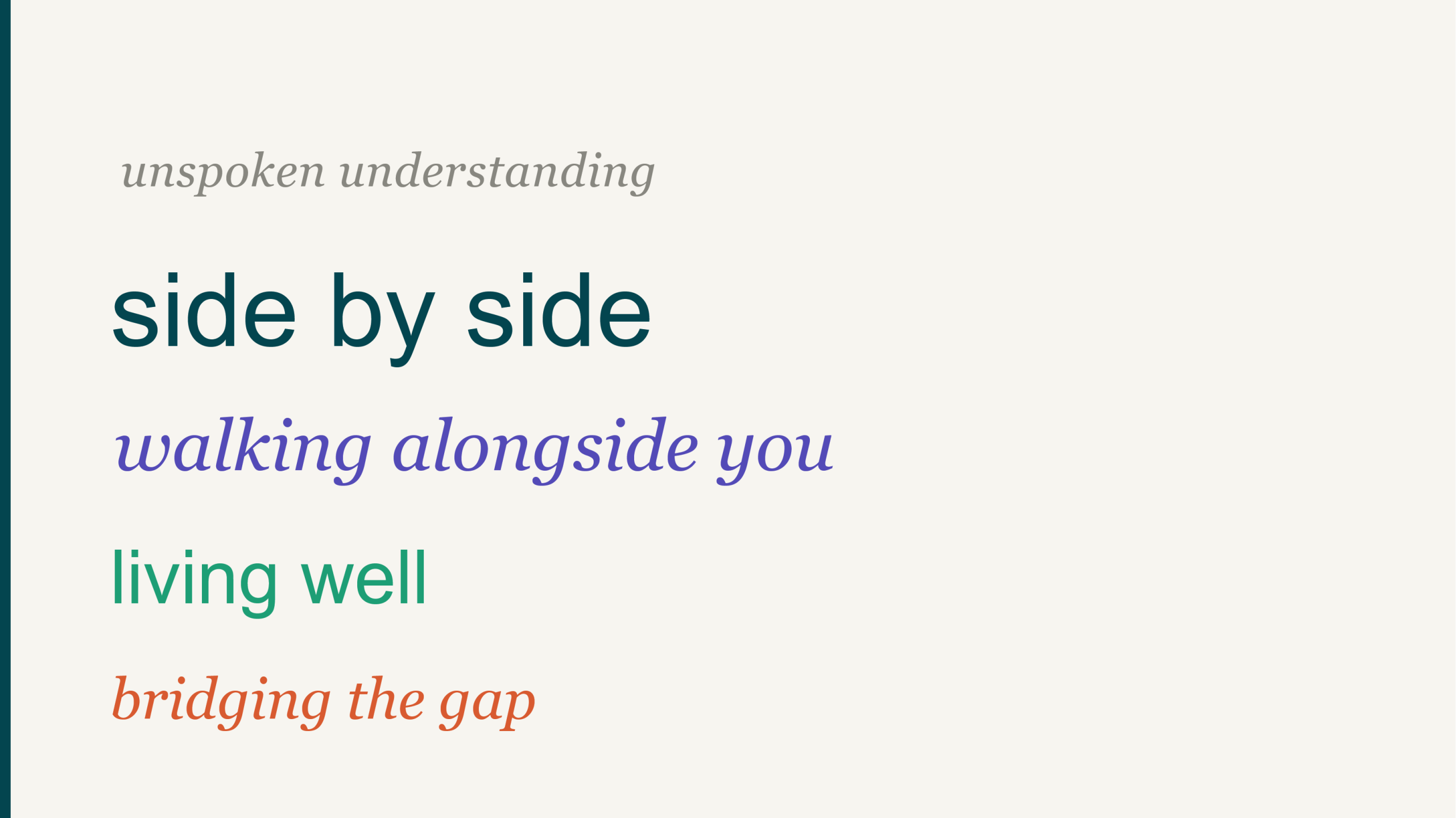 Screenshot of the draft taglines suggestions: "unspoken understanding, side by side, walking alongside you, living well, bridging the gap"