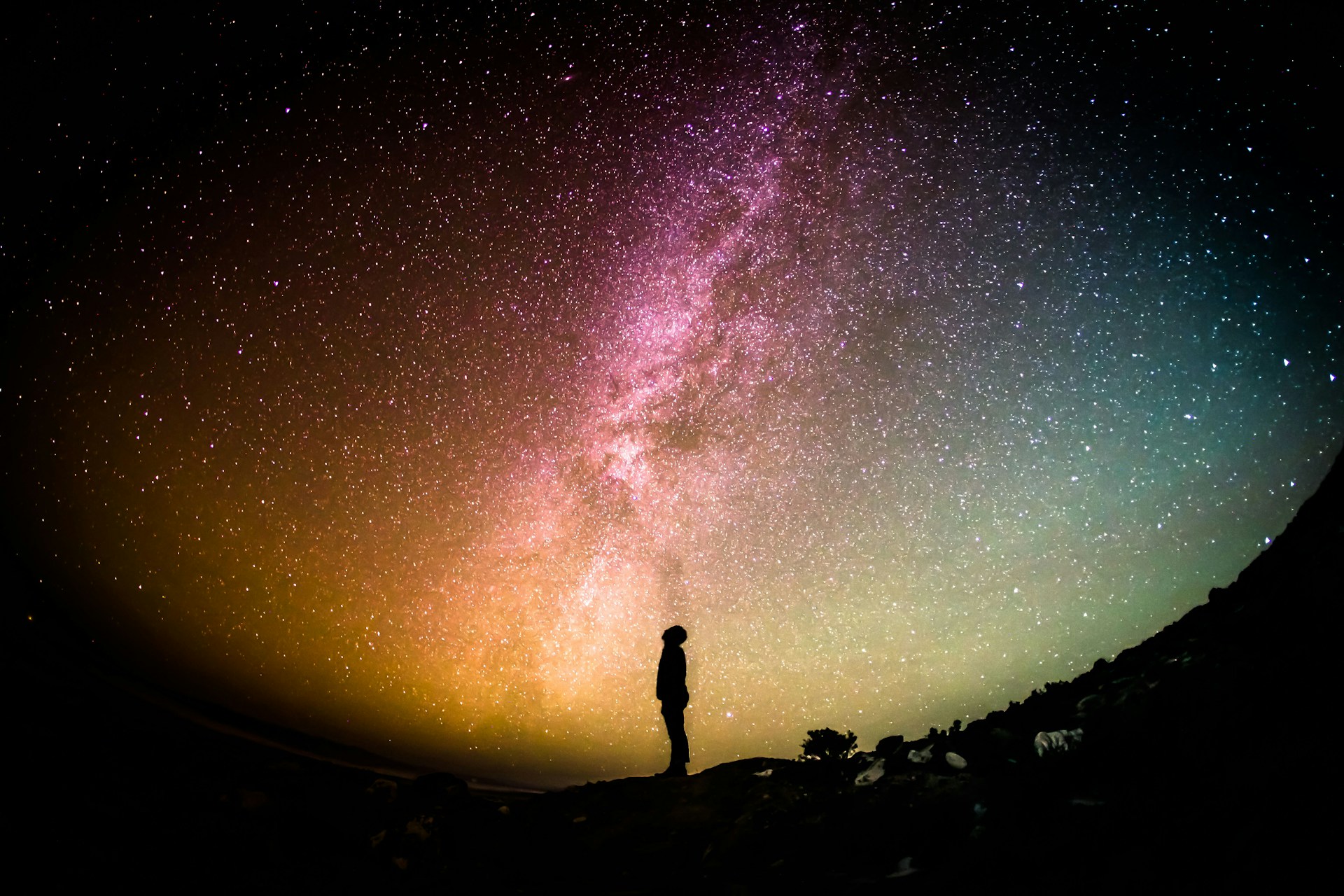 A star studded sky with the milky way running across it, and underneath, the silhouette of a person looking up in wonder.
