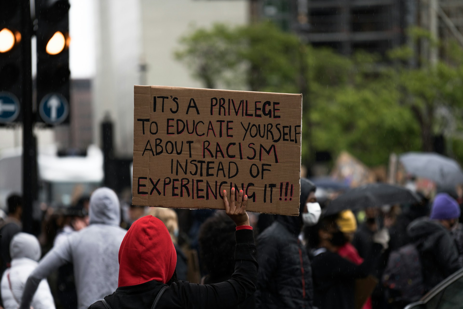 Photo of a demonstration. There are many people in the street, wearing raincoats and carrying open umbrellas. In the foreground, we see the back of a person's head wearing a red hood, and their raised arm holding a cardboard sign which reads: "It's a privilege to educate yourself about racism, instead of experiencing it!!!"