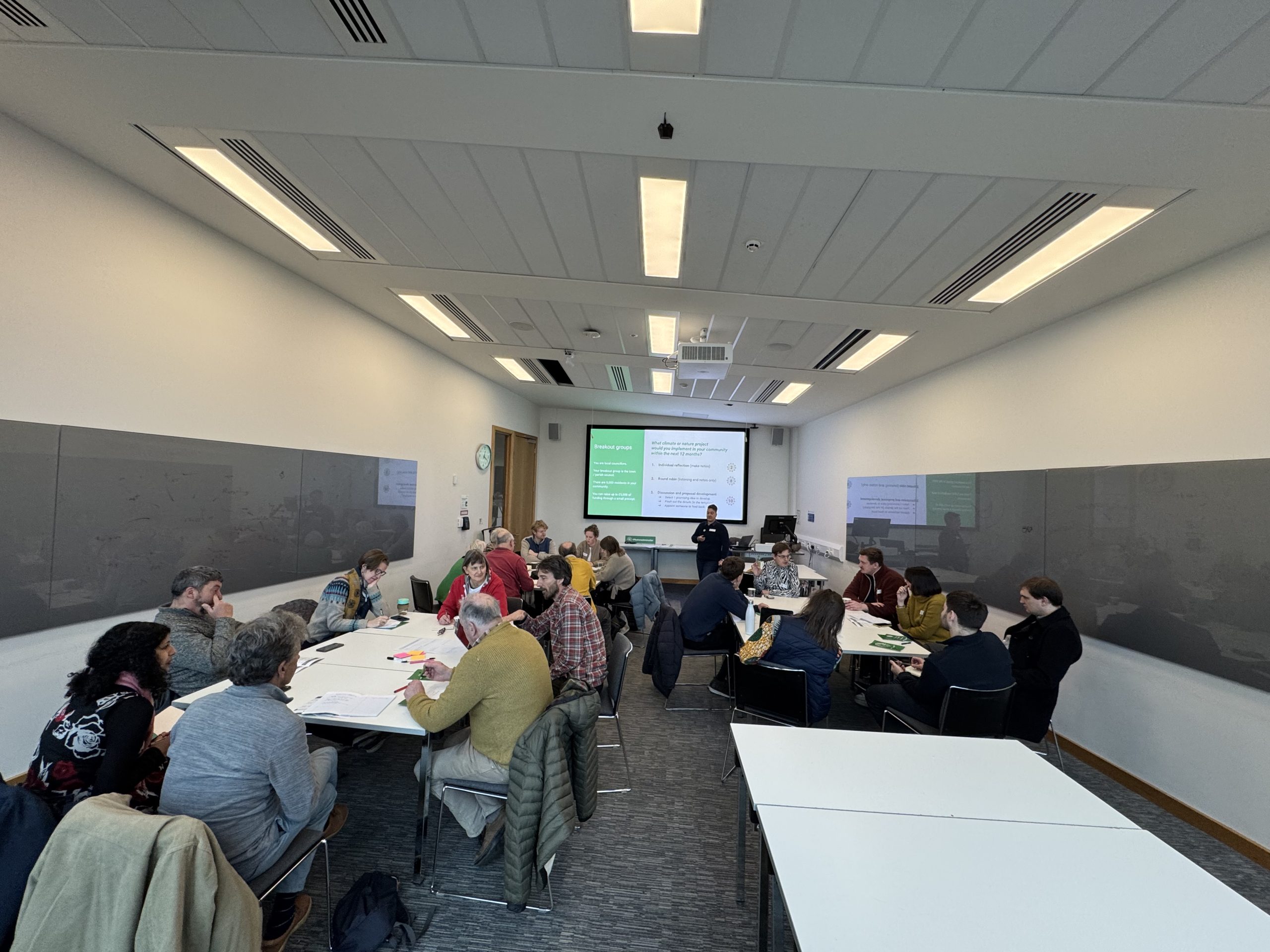 A long view of the workshop room, with three tables of participants deep in conversation around a flipchart template, and at the end the screen with the task instructions, and me!