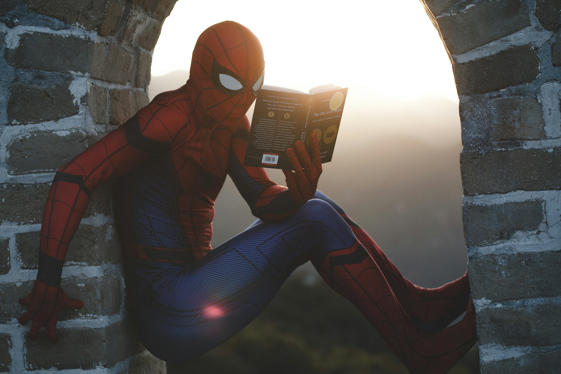Spiderman is wedged in a stone archway, reading a book.