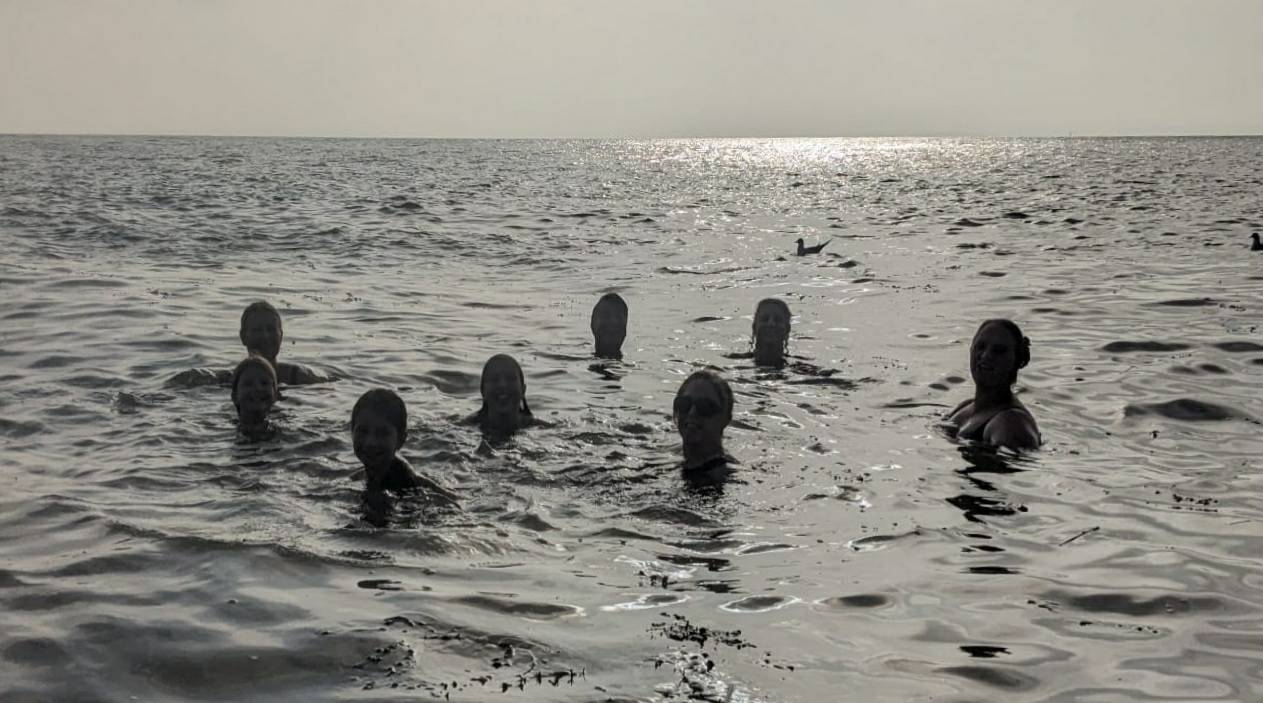 8 people bobbing in the sea, all you can see are smiley heads, and a couple of seagulls bobbing a bit further away.