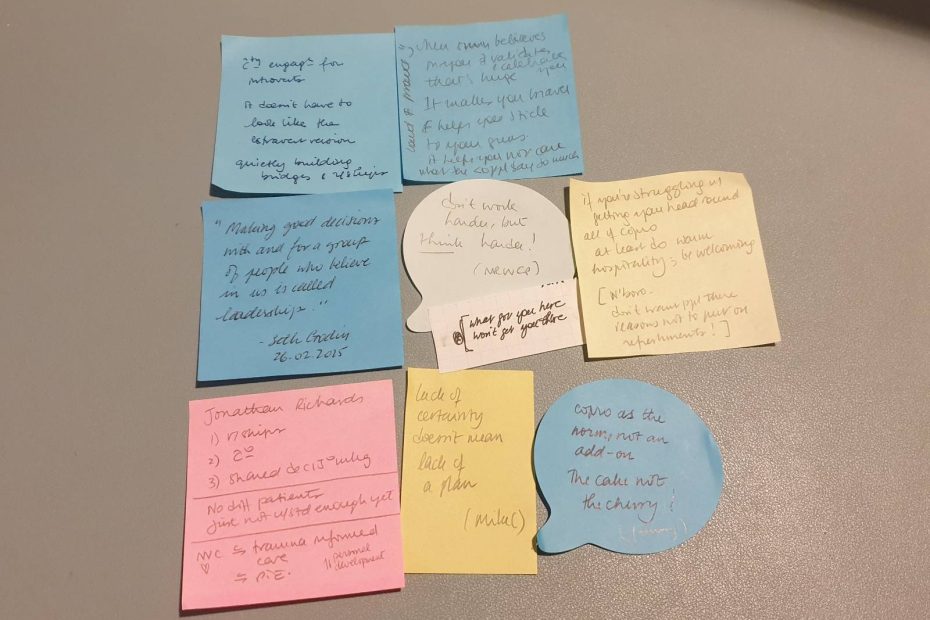 A bunch of post-its photographed on a desk. (The content of the post-its is detailed in the blog post.)