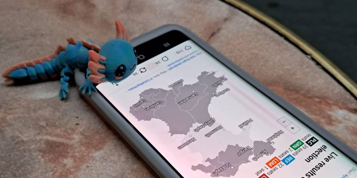 A small blue articulated plastic axolotl, perched on the edge of a phone - on the screen is a map of Wales with partial Senedd election results.