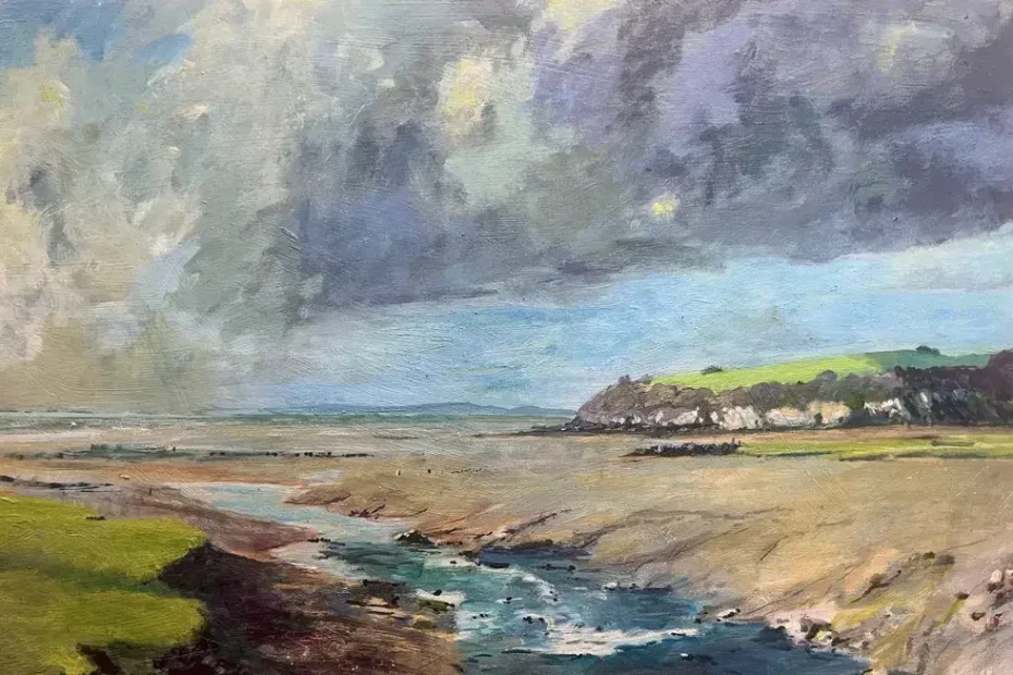 A painting of the estuary at Clevedon. The sky is heavy with moody clouds, and there is light and shade playing across the landscape.