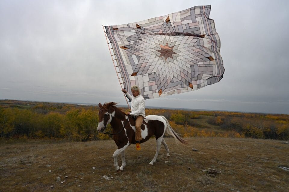 A man on a brown and white pied horse, holding a long cane from which flutters a huge translucent quilt, like a banner. The tones of the fabric are greys and browns. The quilt is easily twice as large as the horse.